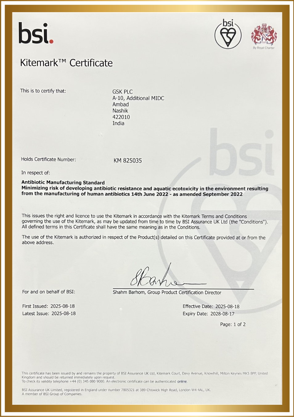 GSK BSI Kitemark AMR Certification